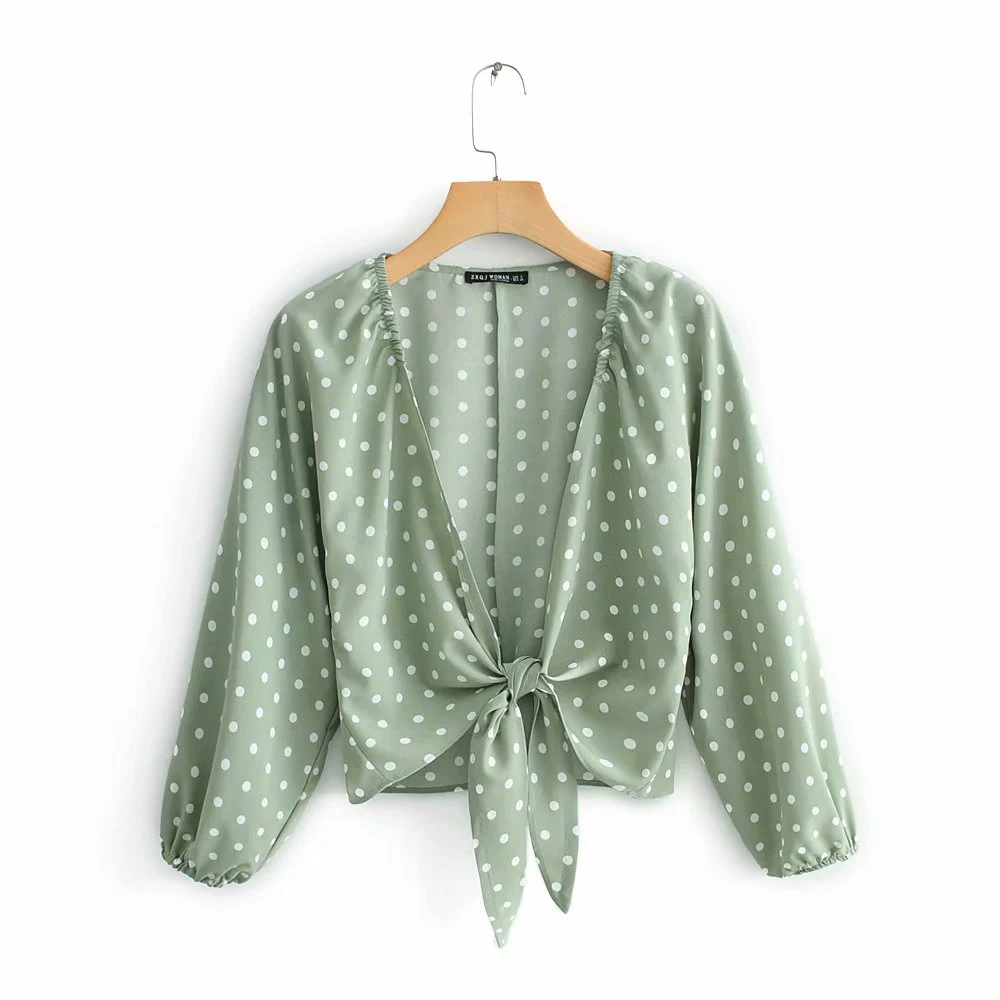 2019 Women Green Summer Za Polka Dota Blouse Female Fashion Lace Up Bow Long Sleeve Shirt For Sweer