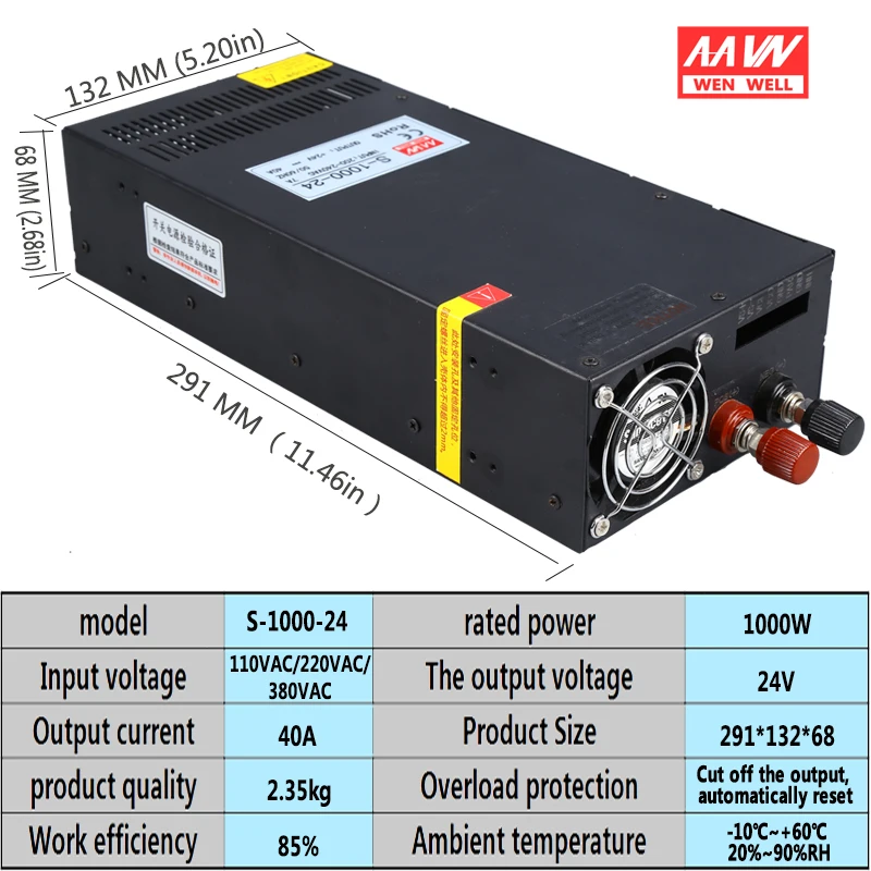 Высокомощный импульсный источник питания S-1000W-24V40A12V80A36V48V60V1000W постоянного тока Регулируемый трансформатор постоянного тока