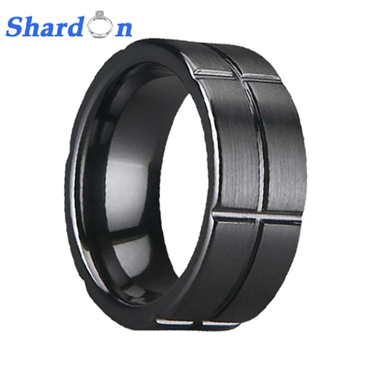 

SHARDON Fashion jewelry Black Ceramic engagement ring high polished wedding band with grooves size from 5-14 from free shipping