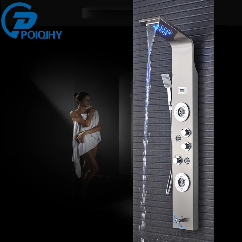 

Nickel Brushed Bathroom ShowerTowel Faucet Shower Panel Column LED Head With Hand Sprayer