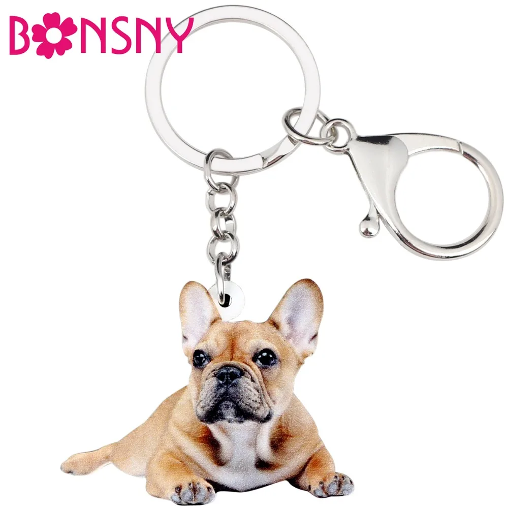 

Bonsny Acrylic Novelty French Bulldog Pug Dog Key Chains Keychain Ring Animal Jewelry For Women Girl Handbag Car Charm Wholesale