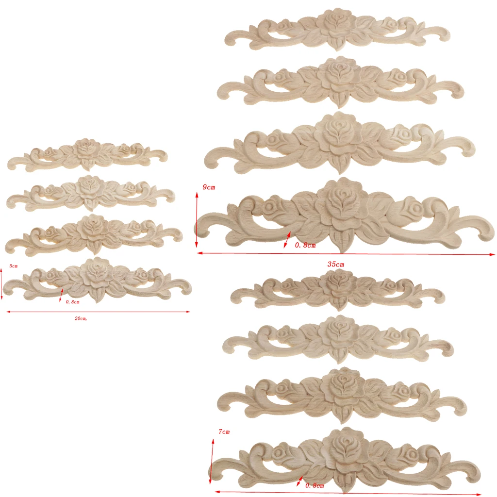 4pcs Retro Unpainted Floral Wood Carved Decal Corner Applique Frame For Home Furniture Wall Cabinet Door Decor