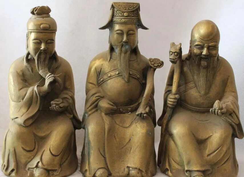 

8"Chinese Bronze Blessing Fu Lu Shou 3 Mammon immortal God Yuanbao Ruyi Full Set R0711