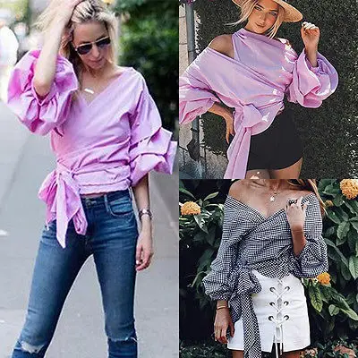 

Women Long Sleeve Shirt Casual Striped Fashion Loose T-shirt Women Ladies Clothing Tops Off Shoulder Tops
