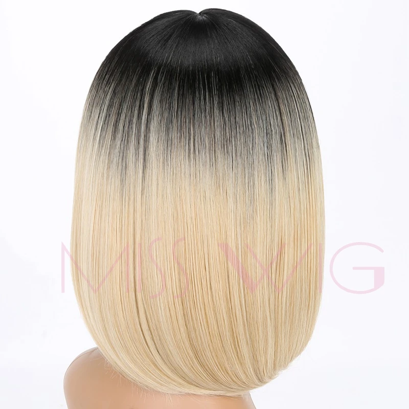 MISS WIG Black Ombre Blonde Gray Synthetic Short Straight Bob Hair Wigs For Black Women