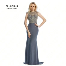 Real Photo Beading Handmade Crystal Long Prom Dress Evening dress See through back Tulle Open back Mermaid Scoop Formal OL102813