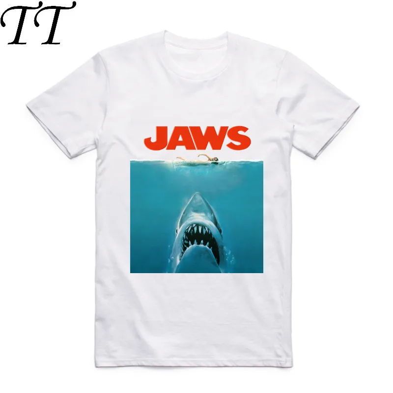 

2019Fashion Men Print Jaws Movie Vintage Poster Funny T-shirt O-Neck Short Sleeves Summer Casual Homme Hipster Tops Tees T shirt