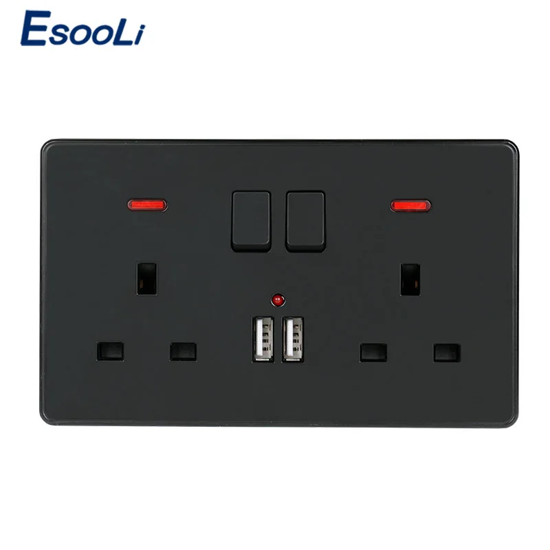 

Esooli Wall Power Socket Double UK Standard Outlet Switched 2.1A Dual USB Charger Port LED indicator 146mm*86mm Black Color