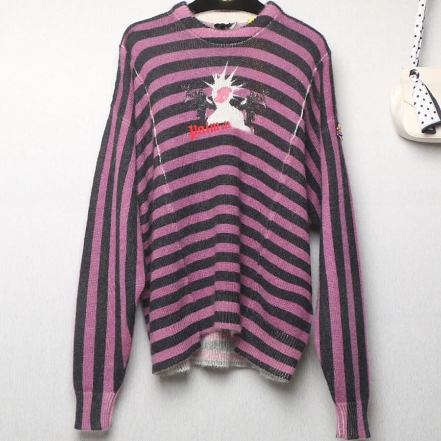 

2019 Limited Quality Autumn and Winter Cartoon Embroidery Stripes Mahai Sweater Celebrity Knitted Sweaters of the Same Style