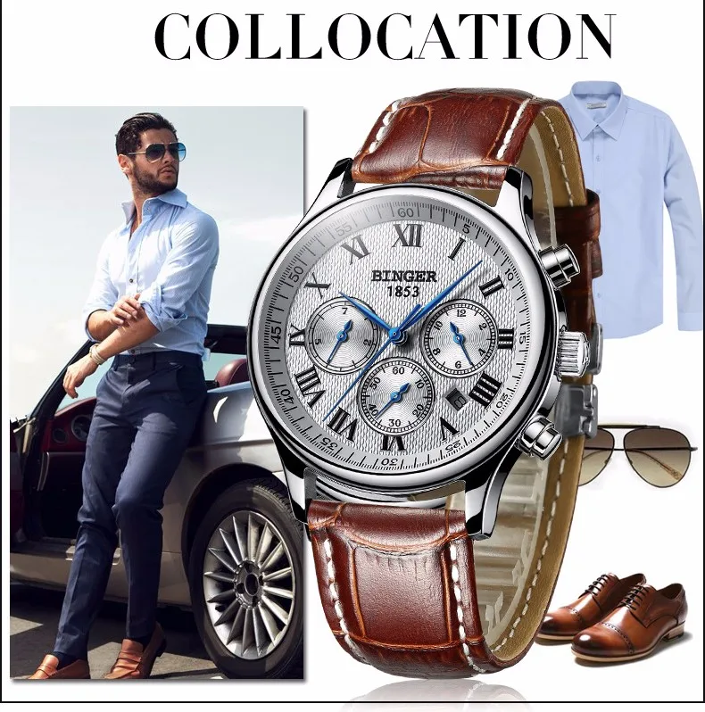 BINGER Mens High Quality Automatic mechanical Watches Men Top Brand Luxury Dive 30M Business full steel watch Man Clcok