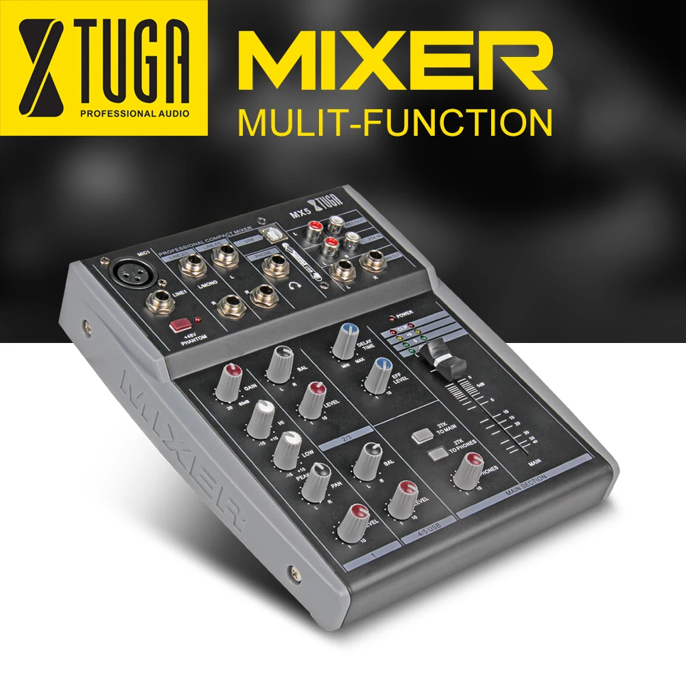 XTUGA MX5 5 Каналы 3-полосный аудио музыкальный микшер микшерный пульт с USB XLR линии Вход 48В Мощность для Запись для ди-Джея свет для сцены парти