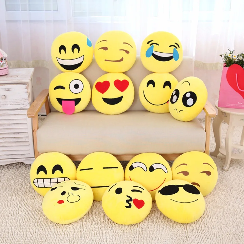 Cute Round Yellow Emoji Pillow & Cushion Grin Cold Sweat Yummy Heart