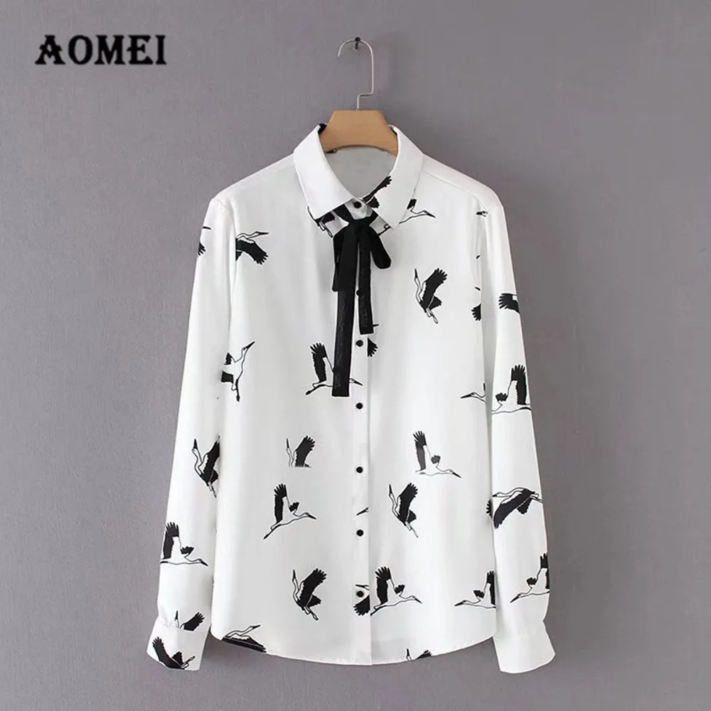 

Women Blouse Shirt Print Long Sleeve with Bowtie White Black Girls Lolita School Blouses Chic Spring Tops Blusa New 2019 Casual