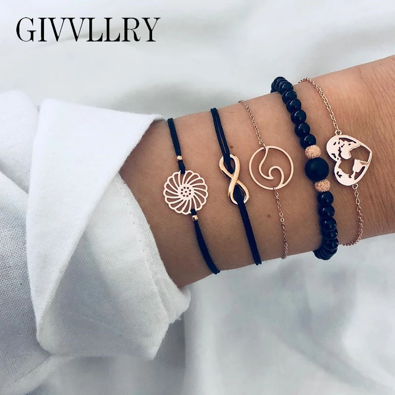 

GIVVLLRY 5 pcs/set Black Beaded Bracelets for Women Bohemian Creative Gold Carved Hollow World Map Flower Wave Charm Bracelets
