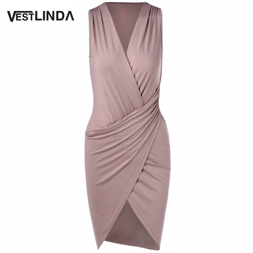 VESTLINDA Elegant Women V Neck Sleeveless Bodycon Mini Dress Sexy robe femme Chic Evening Party Dresses Vestidos Bandage Dress