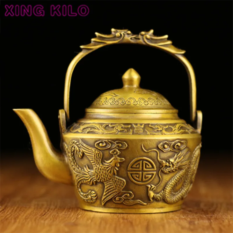 

XING KILO Retro Palace Pure Copper Dragon and Phoenix Wine Pot Decoration Copper Pot Teapot embossed dragon pattern collection