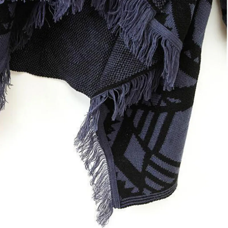 Зимняя женская цветная контрастная Асимметричная хиппи бохо Этническая вязаная кисточка кардиган свитер пальто накидка Топы