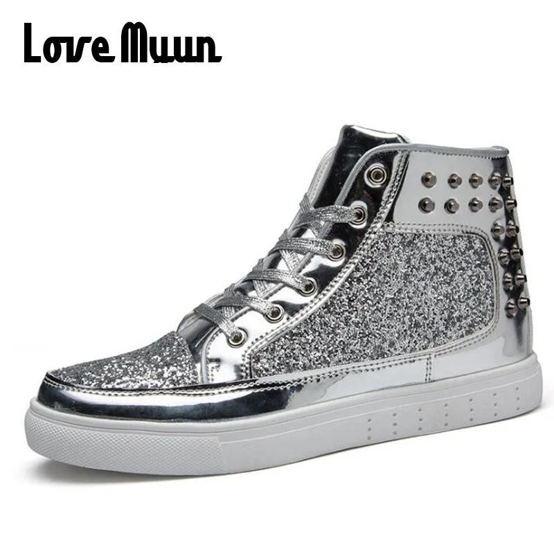 الذكور أحذية تزلج الفضة الوردي عشاق مطرزة الأحذية المسامير الشرير بريق أحذية الرجال رياضية الشباب عالية أعلى الشارع الشقق MM-85Z