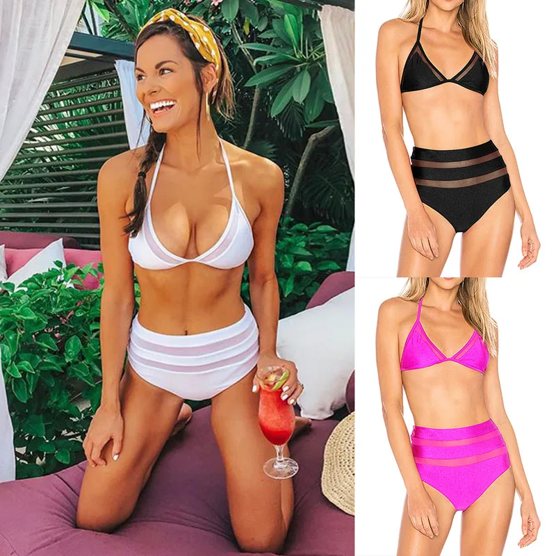 

Sexy High Waist Women Swimsuit Mesh Bikini Set Push Up Padded Bra Halter Woman Swimwear Summer Beachwear Pure Pink White Black