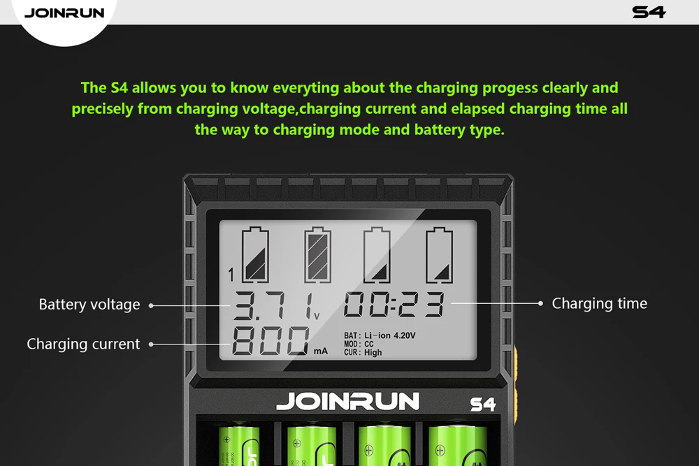 Joinrun S4 18650 зарядное устройство lcd смарт-литий-ионная Зарядка для 18650 14500 16340 26650 с DC 12 В Автомобильное зарядное устройство для аккумуляторов AA AAA