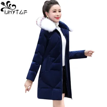 

UHYTGF Casual long jacket Women winter Parker elegant outerwear luxury Corduroy Cotton jacket Fur collar Hooded SlimLady coat 60