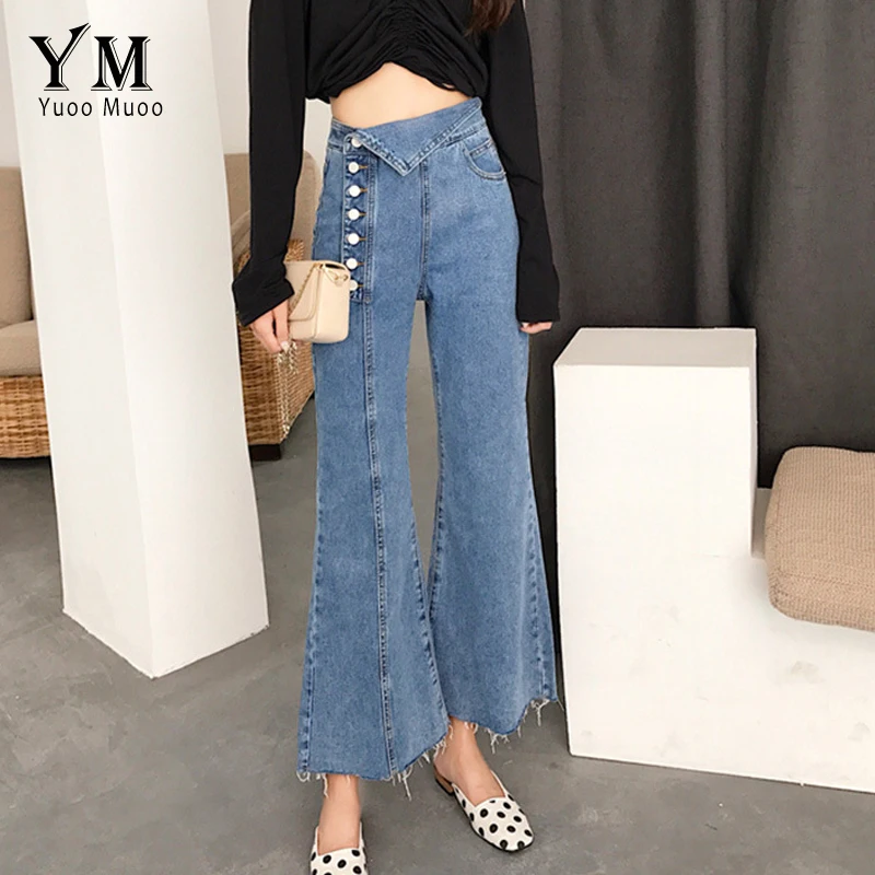 YuooMuoo корейский стиль Женские складные джинсы с высокой талией однобортные обтягивающие джинсы модные уличные Джинсовые Брюки расклешенные джинсы