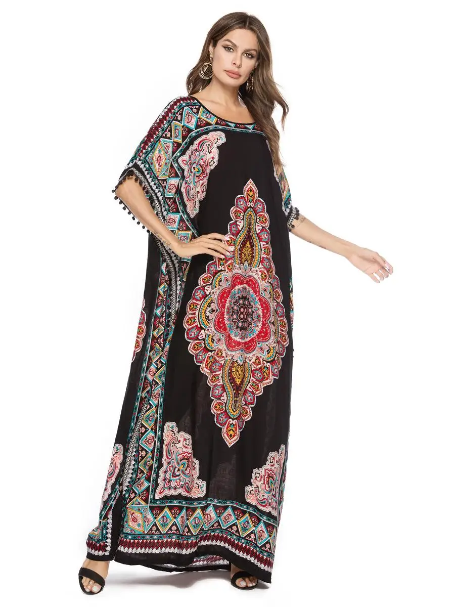 Женское свободное платье с рукавами «летучая мышь», длинное платье макси abaya, винтажное хиппи, бохо-кафтан, этническое повседневное