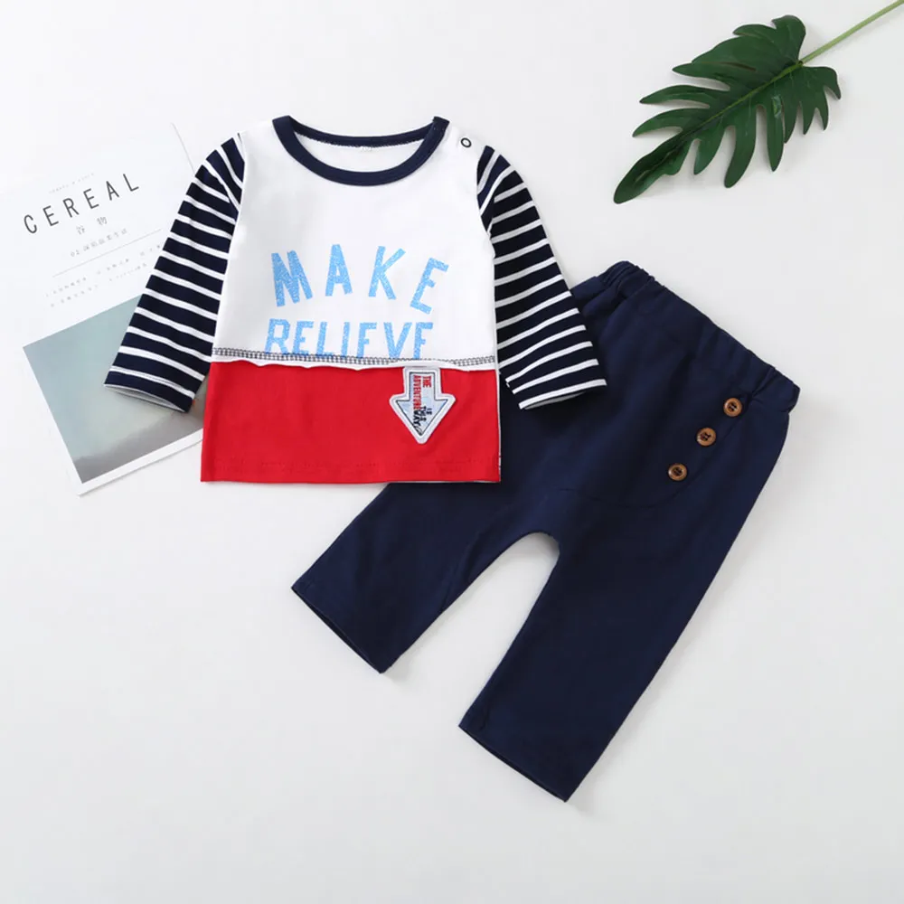 Kids Baby Boys Summer Outfit Long Sleeves Cotton Letter Print Spell Color Fashion Tshirt Long pants Kid Boy Clothes Boutique Tod