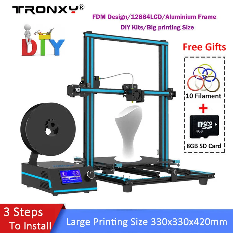 

2018 Tronxy 3D Printer kit DIY 3 steps Fast Assembled Aluminium Extrusion 3D Printing Size 330x330x420mm High Precision Extruder