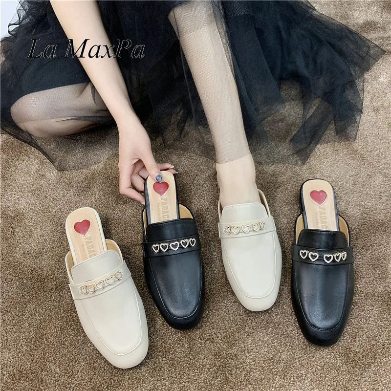 

New Big Size 40 Leather Crystal Heart Decoration Women Shoes Summer Mules Flats zapatos de mujer luxury shoes women designers