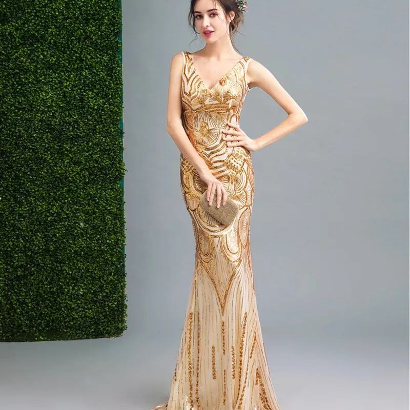 ruthshen Reflective Dress Gold Evening Dresses Long 2018 New Tailored Sequined Mermaid Prom Gowns Formal Occasion Dress
