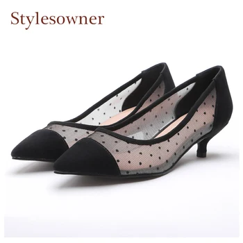 

Stylesowner Fashion Polka Dot Air Mesh Mix Suede Women Pumps Sexy Pointed Toe Kitten Heels Breathable Ladies Spring Summer Shoes
