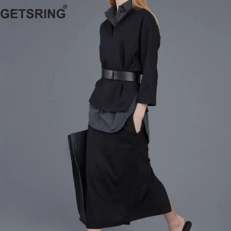 

GETSRING Women's Sets Plaid Bottoming Shirt Bat Sleeve Top With High Waist Skirt 3 Piece Set Women Suits Lady Suit Office Autumn