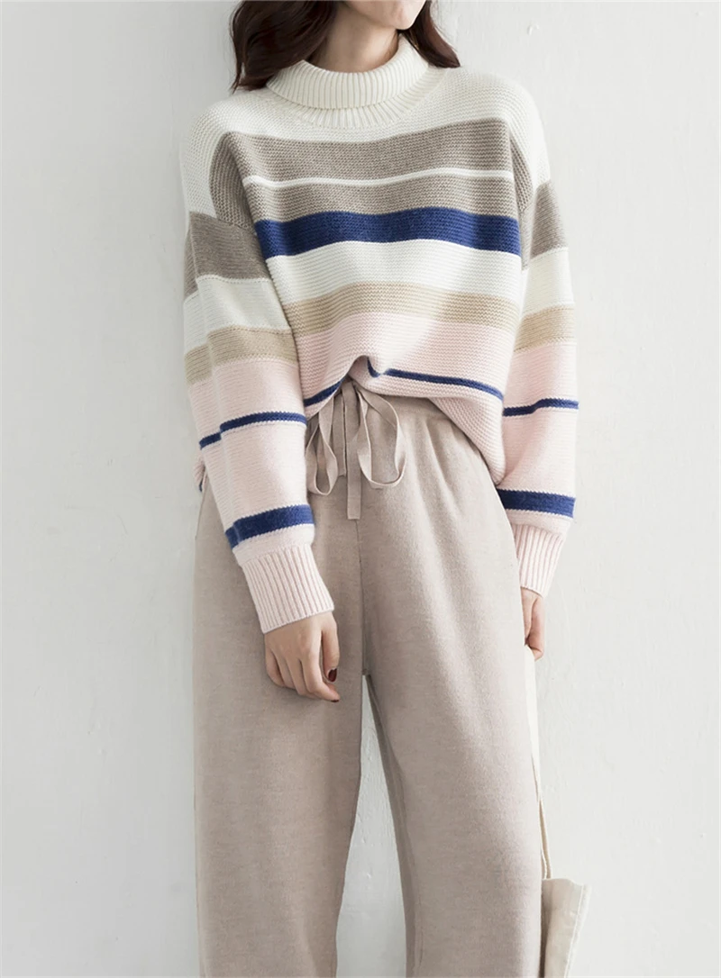  100% goat cashmere striped knit women fashion half high collar pullover sweater M/L