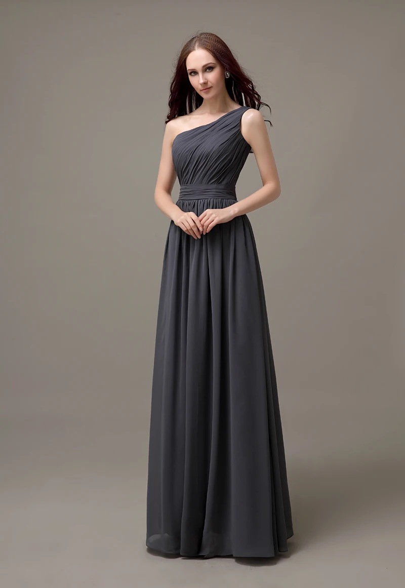  dark  gray  one shoulder long chiffon cheap simple 