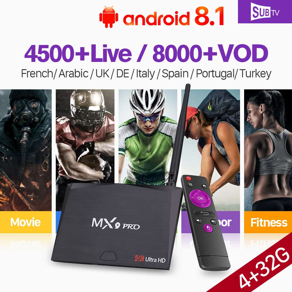 Full HD Live IP ТВ Android 8,1 коробка MX9 Pro Поддержка BT двухдиапазонный Wi-Fi 4G 32G 4 K SUB ТВ декодер H.265 IP ТВ 1 год арабский Франция