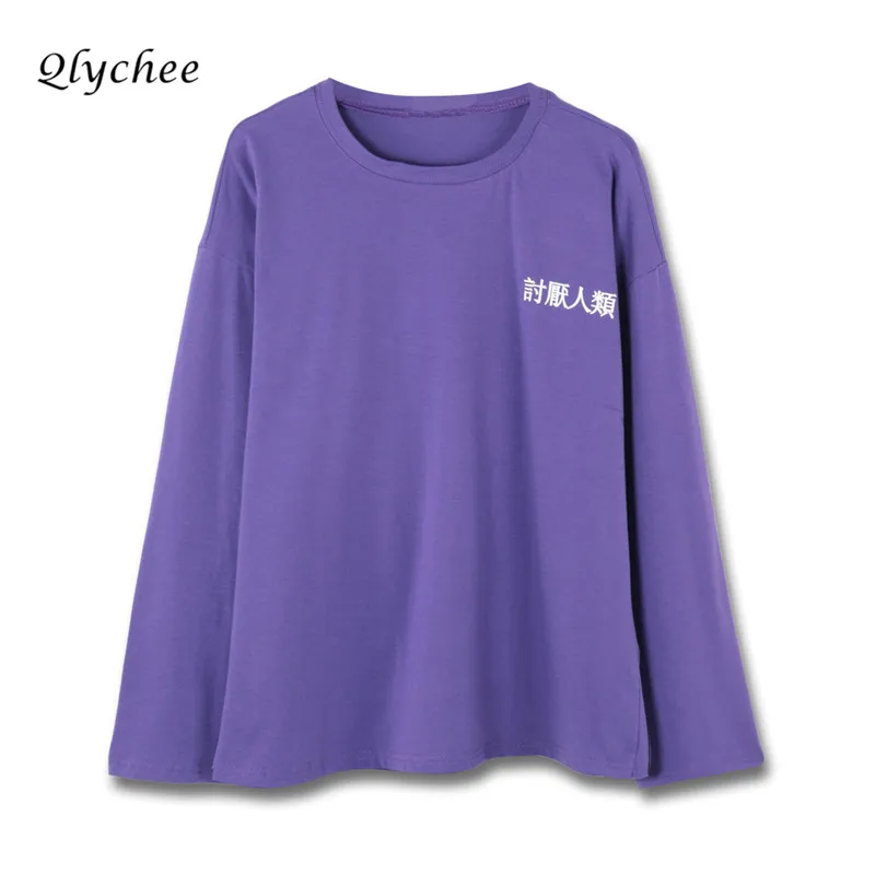 Qlychee hrajuku женские футболки японский печати с длинным рукавом Футболка Для женщин
