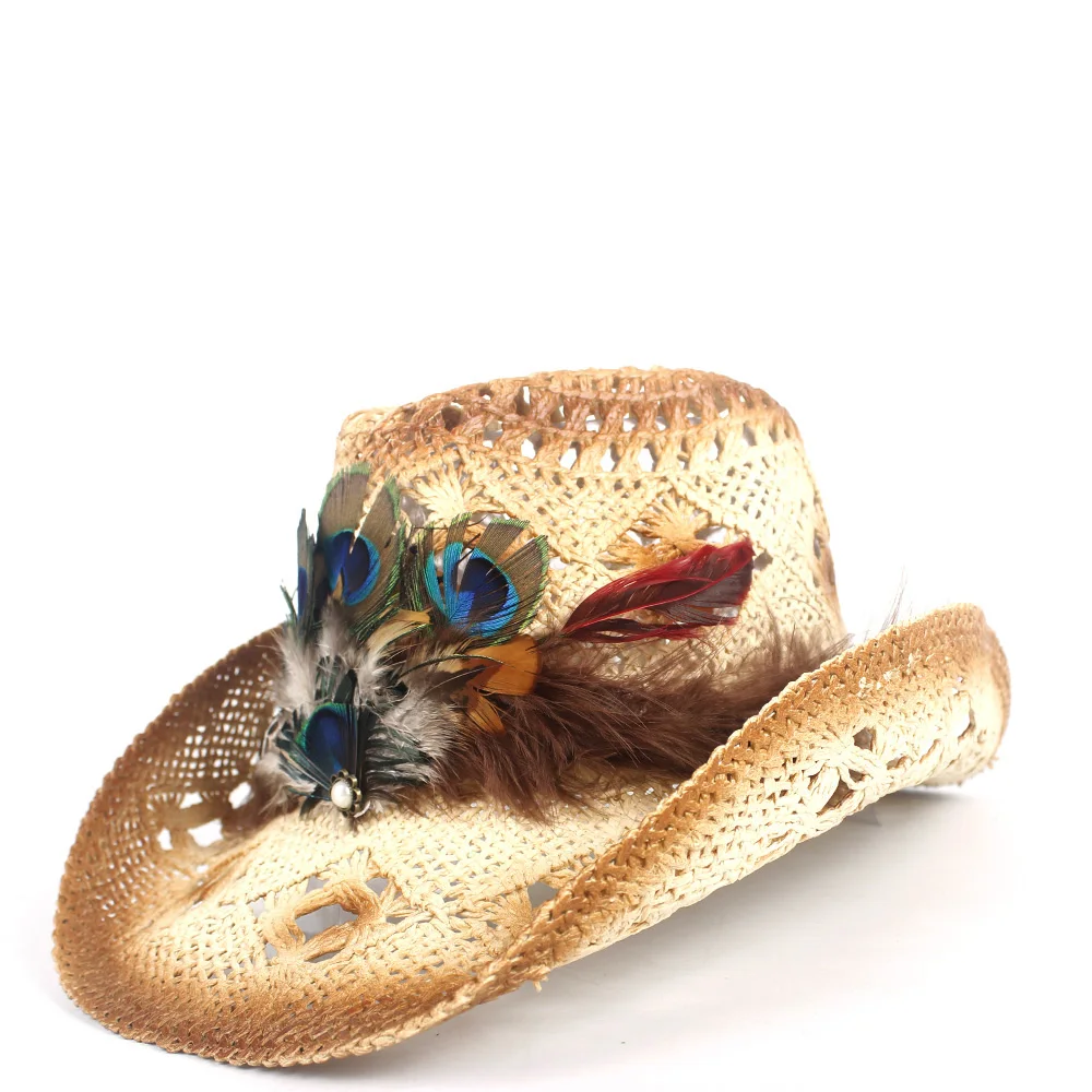 Женская соломенная ковбойская шляпа в западном стиле, ручная работа, перо павлина, Sombrero Hombre, Пляжная ковбойская шляпа, джазовая шляпа от солнца, размер 56-58 см