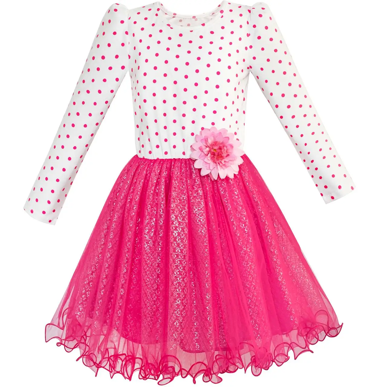 

Sunny Fashion Girls Dress Rose Pink Long Sleeve Dot Flower Tutu Dress Cotton 2018 Summer Princess Wedding Party Size 5-12