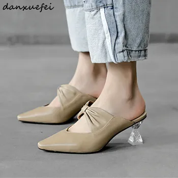 

Plus size 42 women's genuine leather high heel mules pointed toe summer elegant ladies slides pumps high quality shoes for women
