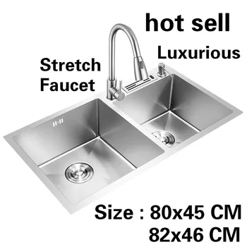 Online Free Shipping Hot Sell Apartment Kitchen Manual Sink Double Groove Stretch Faucet Food Grade 304 Stainless Steel 80x45/82x46 CM