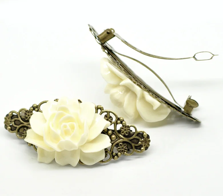 French Barrette Hair Clips Antique Bronze Pattern Hollow White Pink