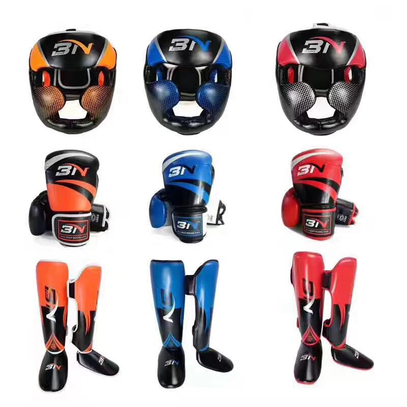 

BN Boxing suit Gloves headgear shin guard men PU leather head guard protector muay thai MMA taekwondo Sanda Karate man