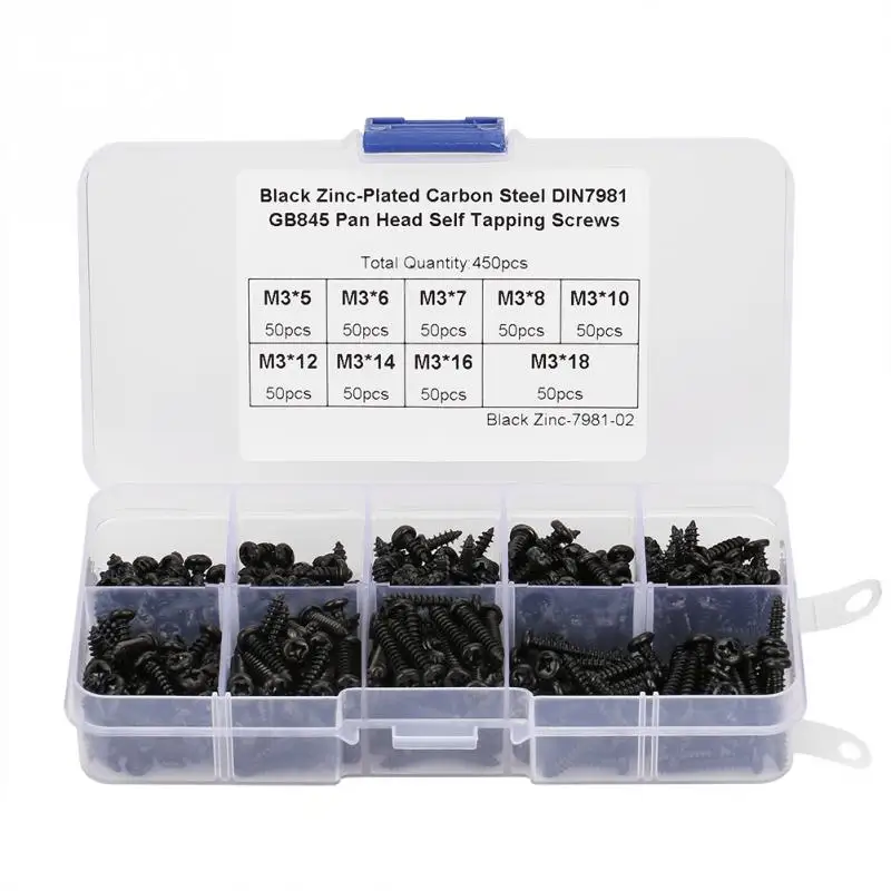 

450Pcs M3 Stainless Steel Tapping Screws Screw Pan Head Self Tapping screws Set Assortment Kit Black Fastener tornillos