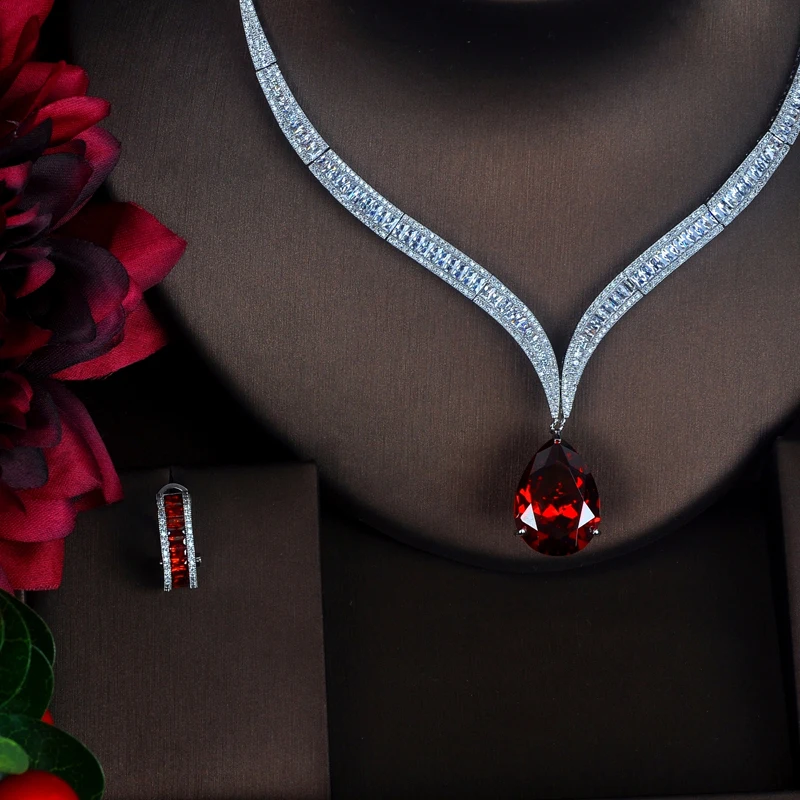 HIBRIDE Luxury Red Water Drop Cubic Zirconia Women Jewelry Sets Necklace Set Wedding Bride Dress Accessories Party Show N-372 - Image 3