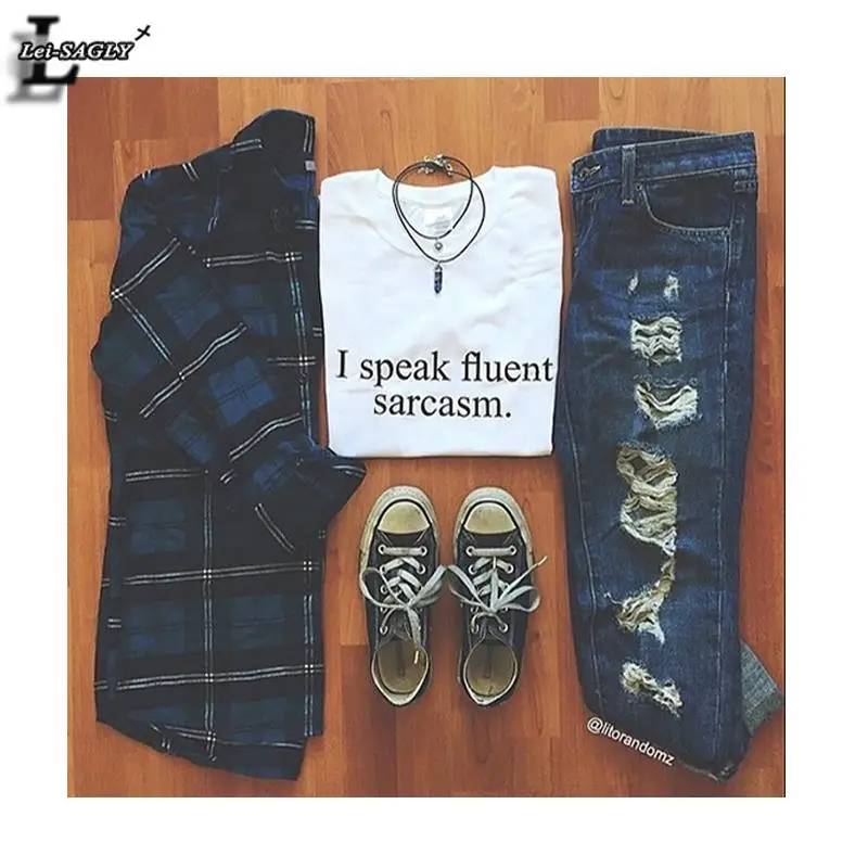 

Lei-SAGLY Summer Style "I speak fluent sarcasm" White T shirts Short Sleeve Fashion T-shirt Harajuku Tops Tees Women Shirt F1142