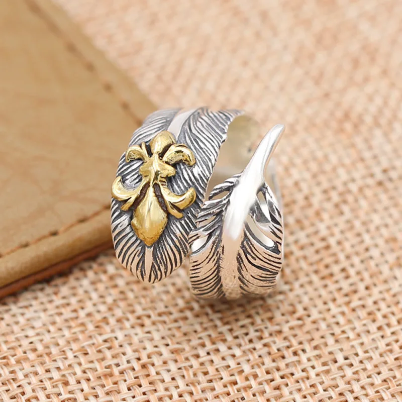 

S925 Sterling Silver Retro Thai Silver Jewelry Fashion Personality Feather Anchor Fashion Men's Open Ended Ring