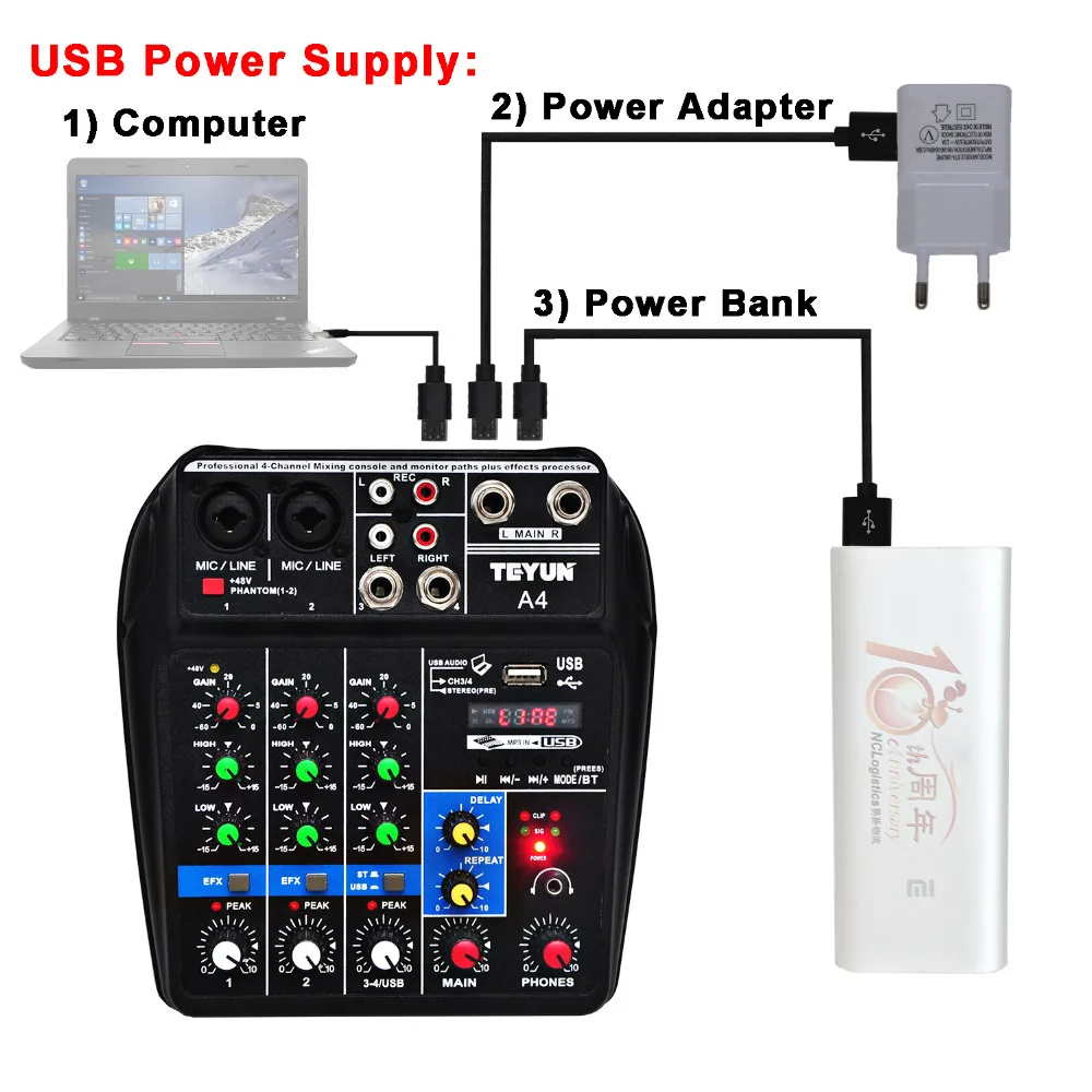 A4 48 В фантомное питание 2 моно 1 стерео USB воспроизведение USB запись компьютера воспроизведение компьютер запись Bluetooth мини аудио микшер