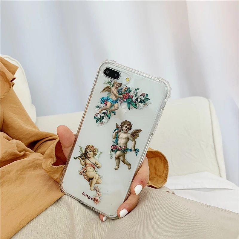 Roman mythology Angel Cupid Art Paint Case for iPhone X Xs Max XR 6 6s 7 8 plus cute flower Clear soft silicon Phone Cover Coque