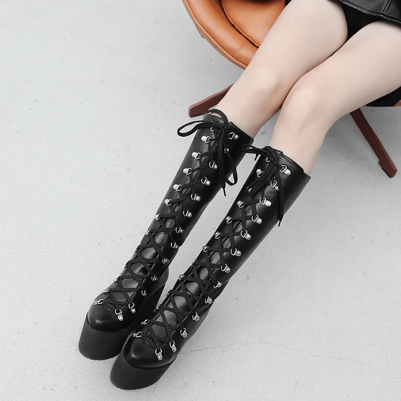 Stiefel Militär Kampf Keile Hohe Up Ymechic Frauen Schuhe Gothic 2018 Lange Punk Fashion Plus Schwarzes Größe Lace Damen Knie Plattform wAAX0aT